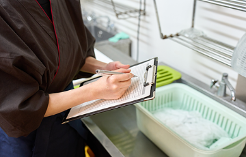 Person completing a health inspection checklist in a commercial kitchen sink area